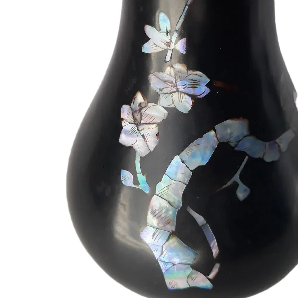 Asian Black Lacquer Mother of Pearl Inlay Bud Vase